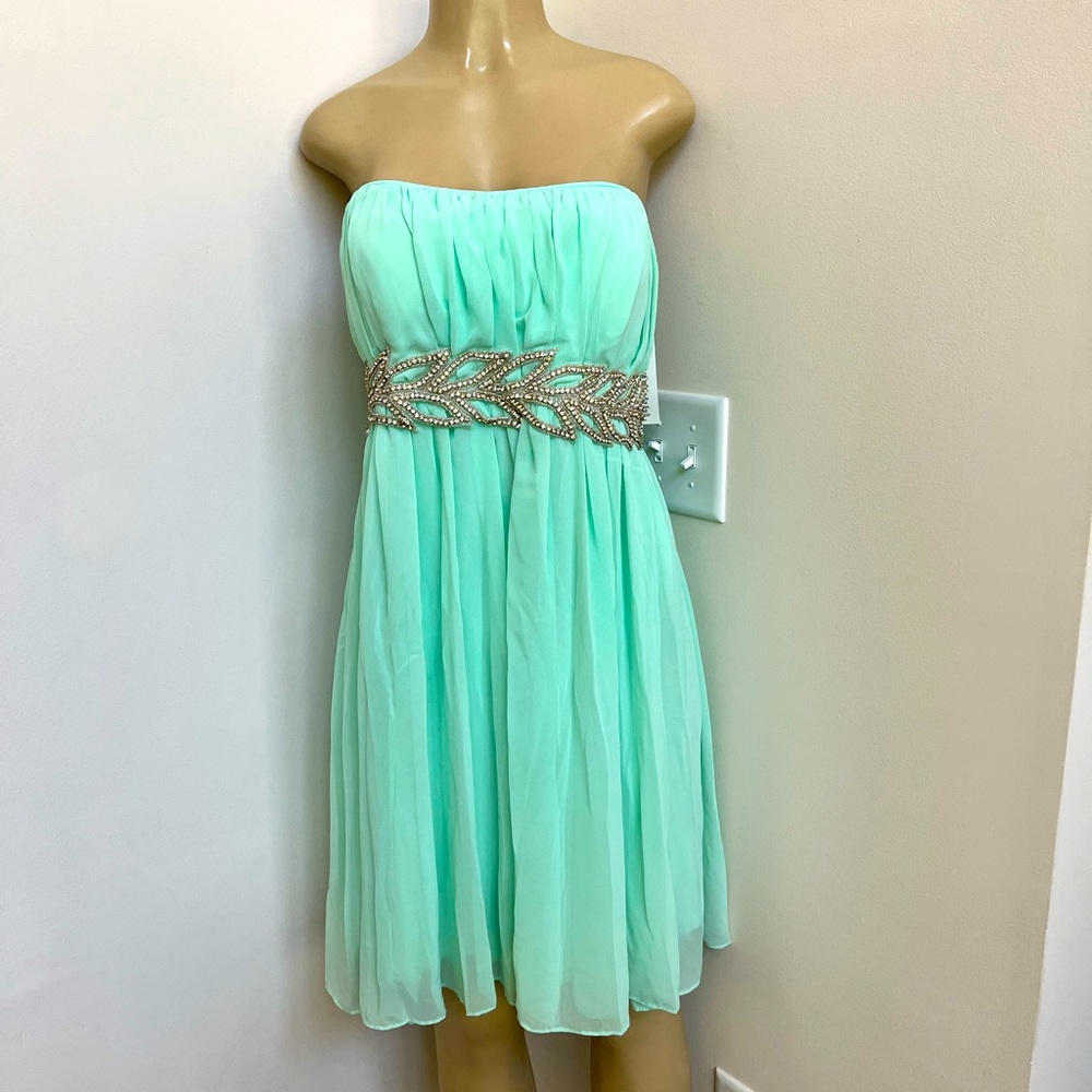 Juno mint strapless bling waist chiffon dress